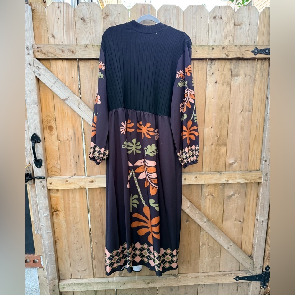 SHEIN Black and Orange Floral Long Sleeve Dress